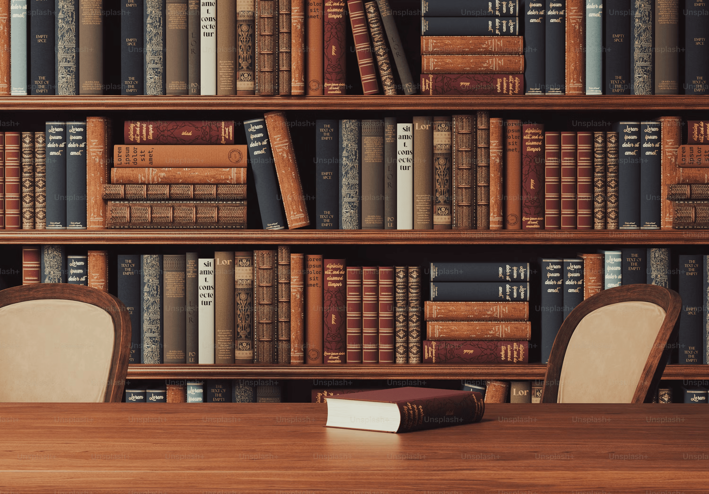 Law library shelves behind a reading table