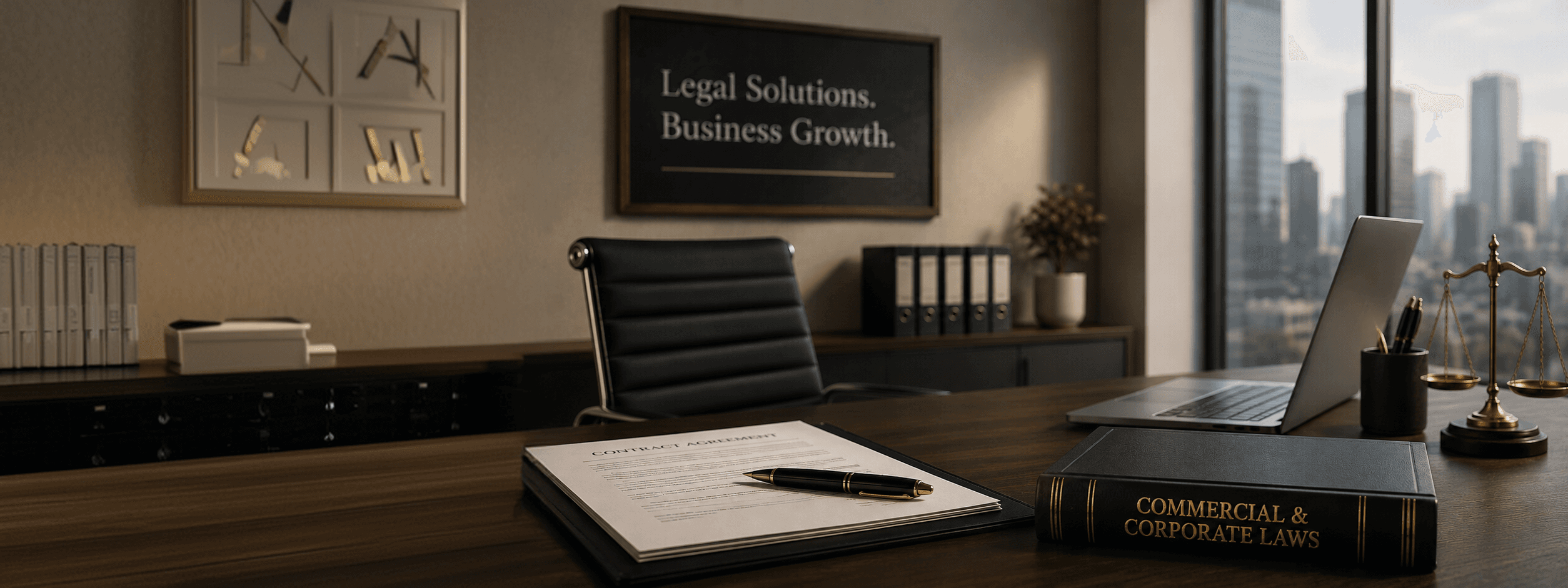 A boardroom desk with a contract, a Commercial & Corporate Laws volume, laptop and scales