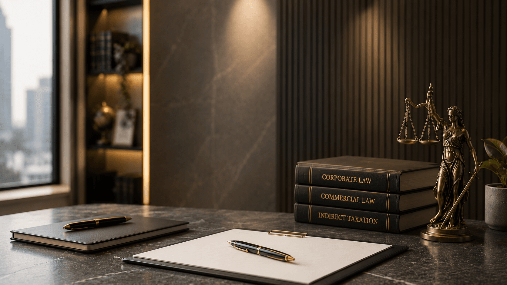 A desk with law volumes, a fountain pen and a bronze statue of justice