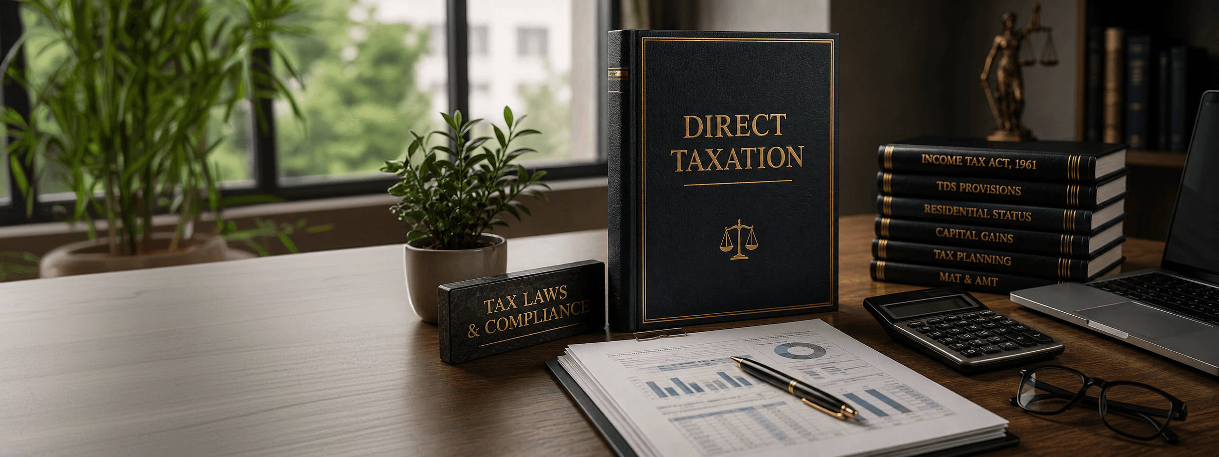 A Direct Taxation volume on a desk beside tax law books, a calculator and reading glasses