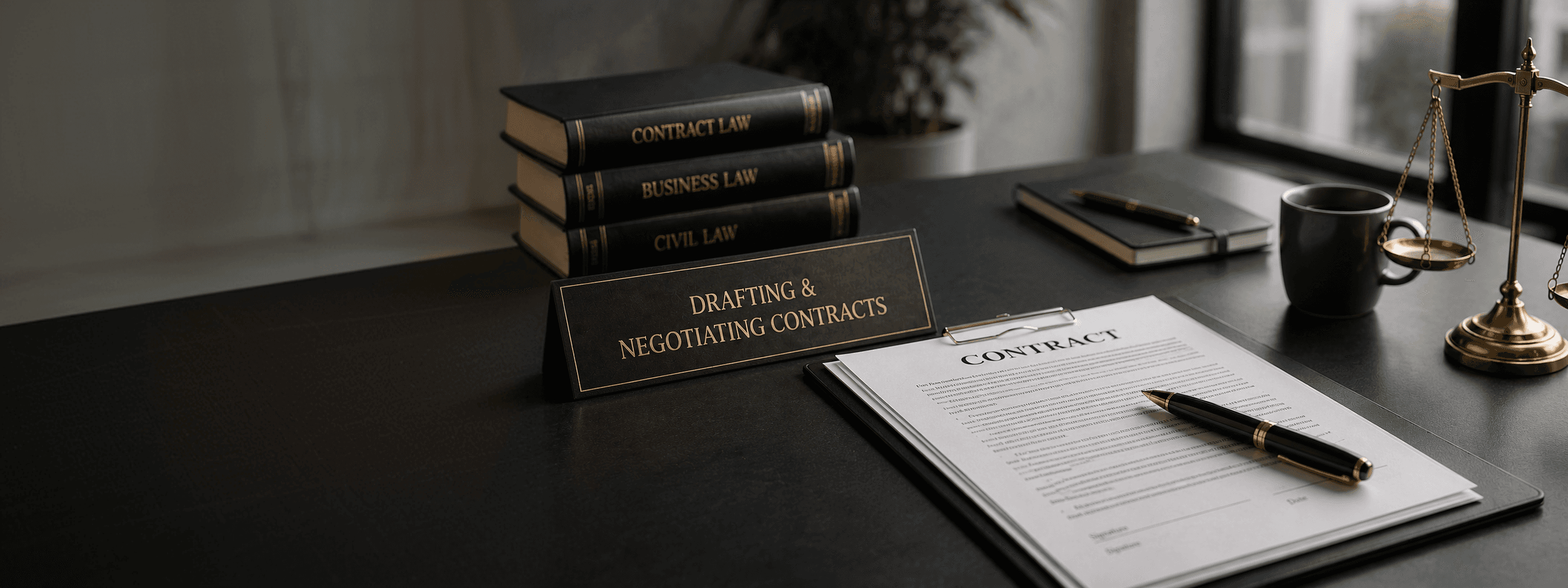 A desk nameplate reading Drafting & Negotiating Contracts beside law volumes and a signed contract