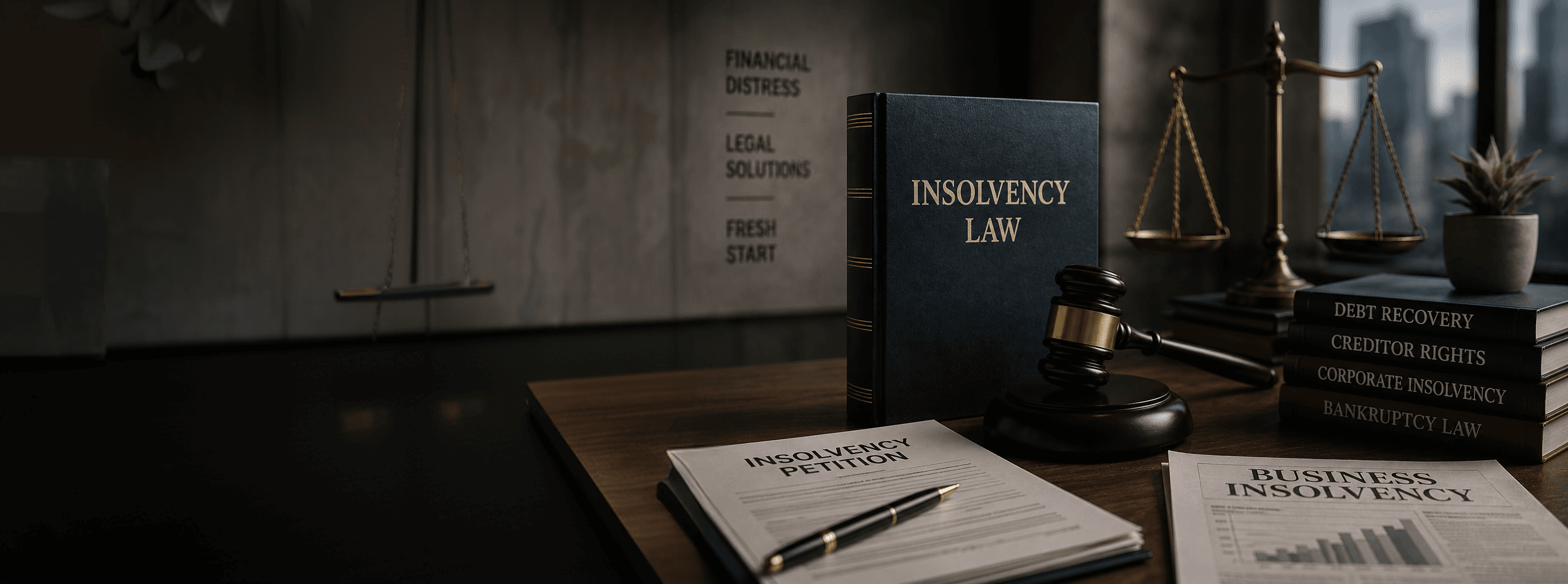 An Insolvency Law volume, gavel and scales on a desk beside an insolvency petition