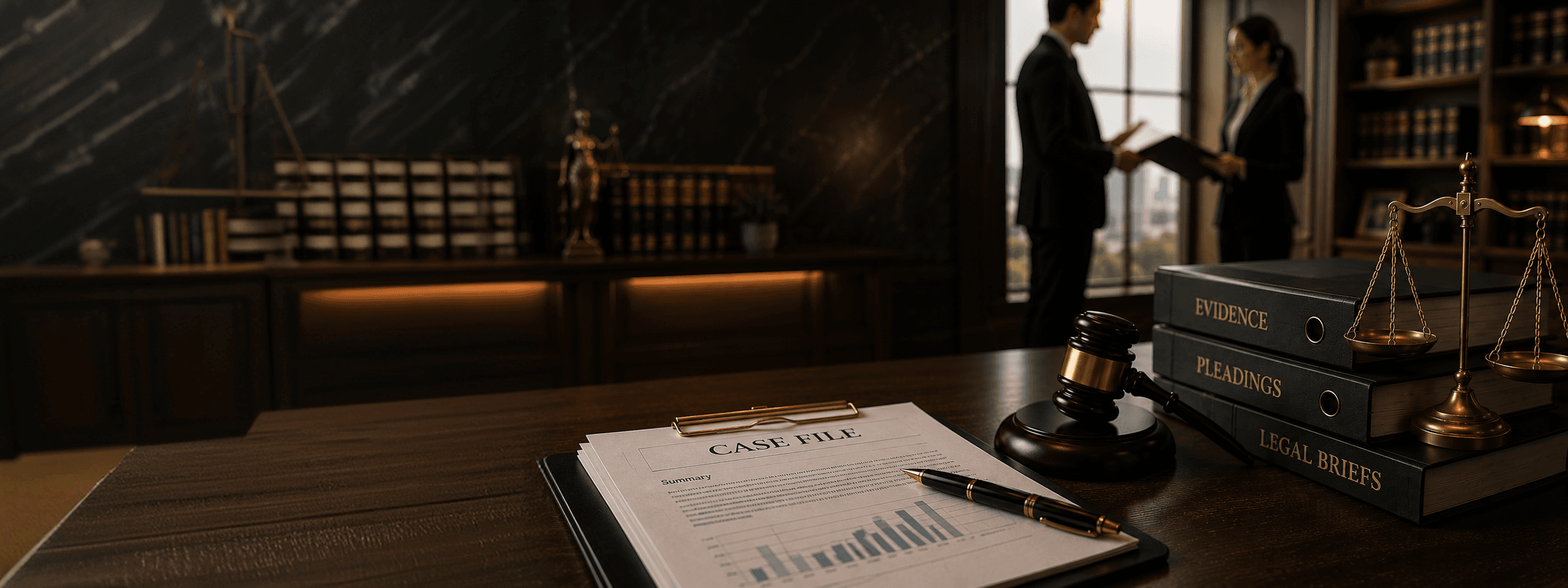 A case file, gavel and scales on a desk with lawyers conferring in the background