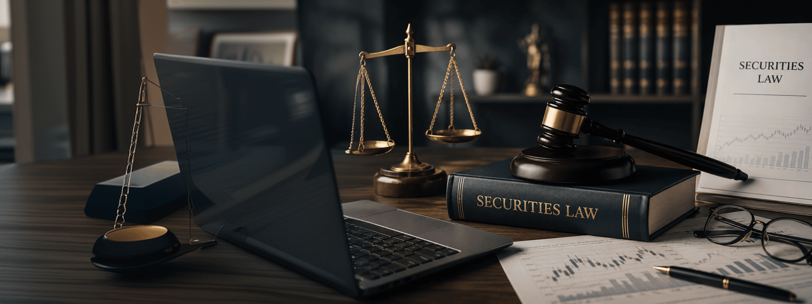 Scales of justice and a gavel on a Securities Law volume beside a laptop and market charts