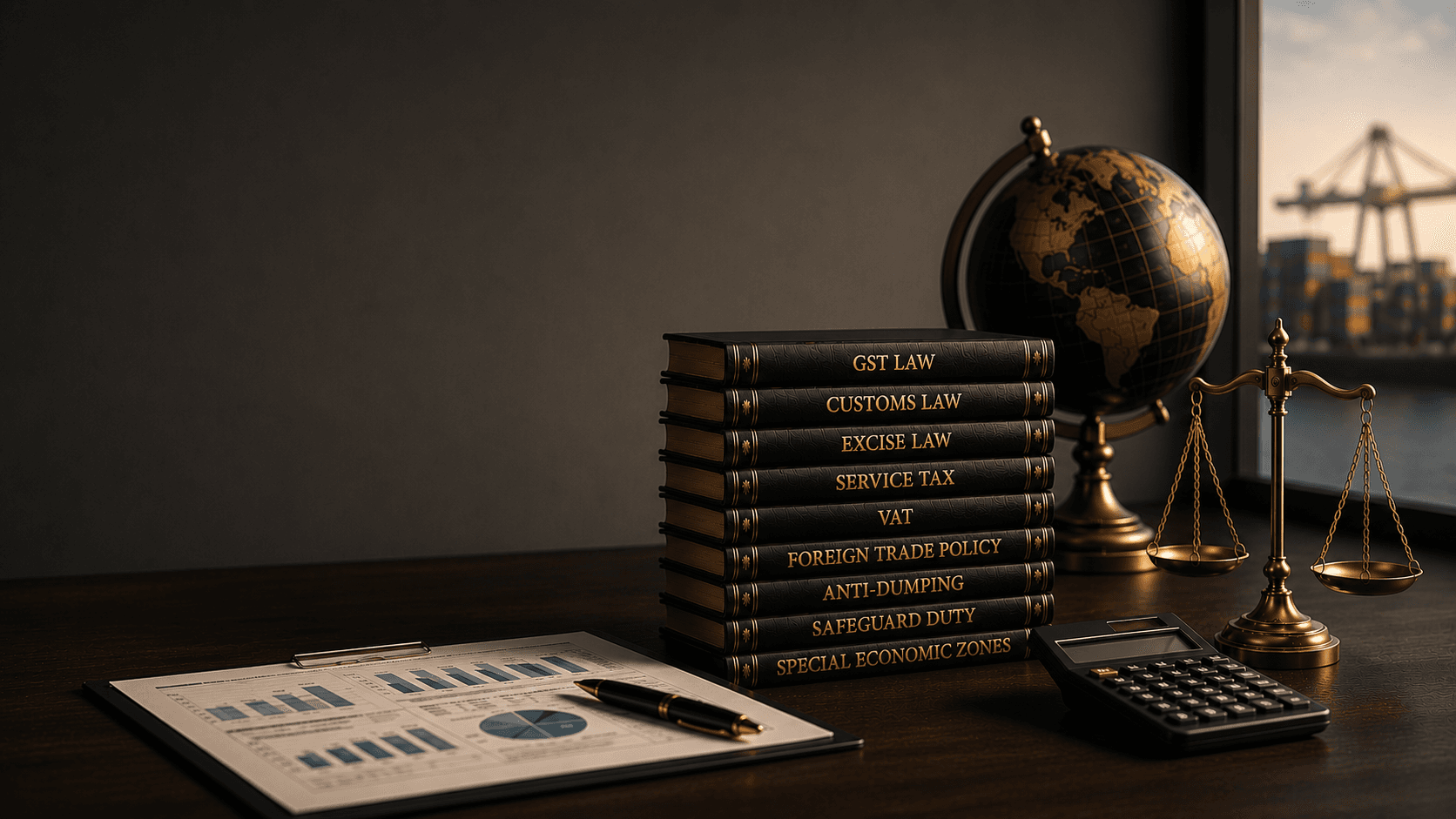 Law volumes titled GST, Customs, Excise and Service Tax beside a globe and scales